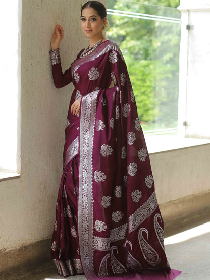 Wine Kanjivaram Pure Soft Semi Silk Saree With Unstiched Attractive Blouse Piece