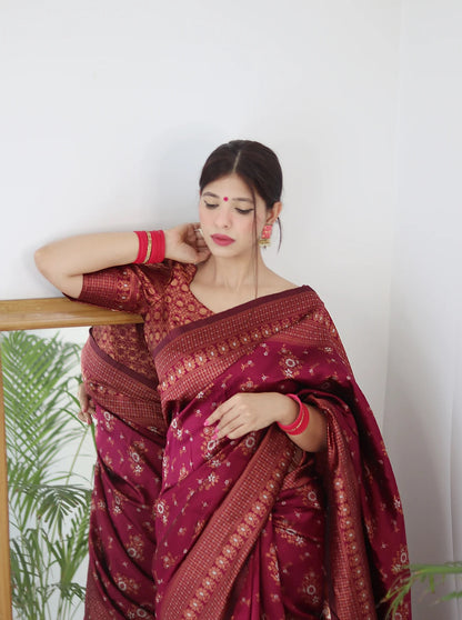 Wine Kanjivaram Pure Soft Semi Silk Saree With Unstiched Attractive Blouse Piece