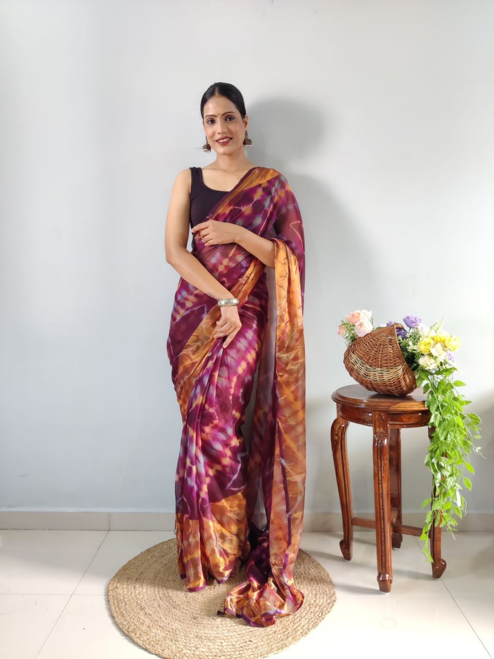 Wine Ready to Wear Chiffon Saree With Unstitched Blouse Piece