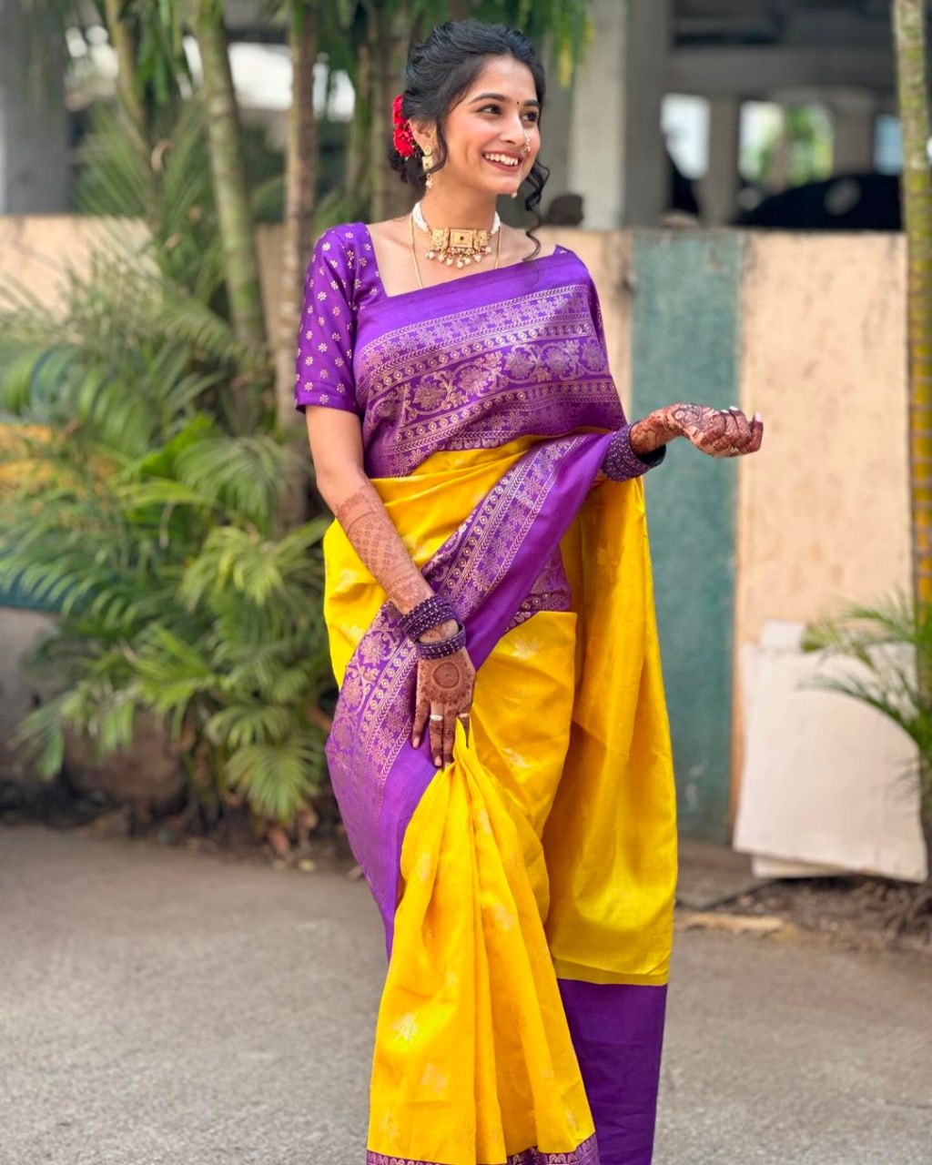 Yellow Pruple Pure Soft Silk Saree With Engrossing Blouse Piece