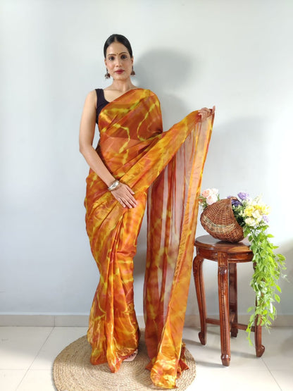 Yellow Ready to Wear Chiffon Saree With Unstitched Blouse Piece