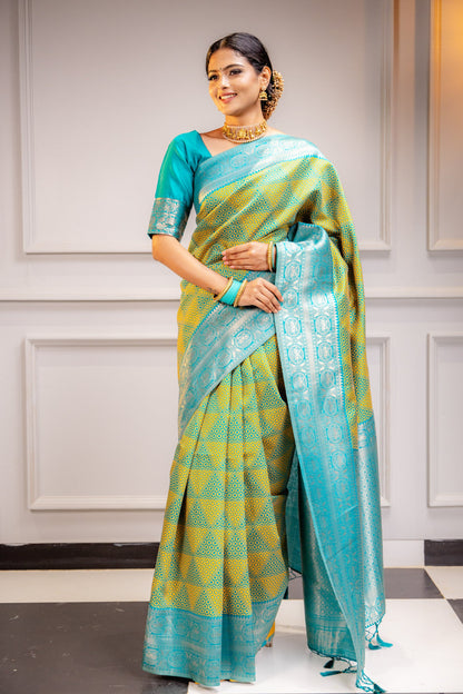 Yellow Firozi Pure Soft Silk Saree With Engrossing Blouse Piece