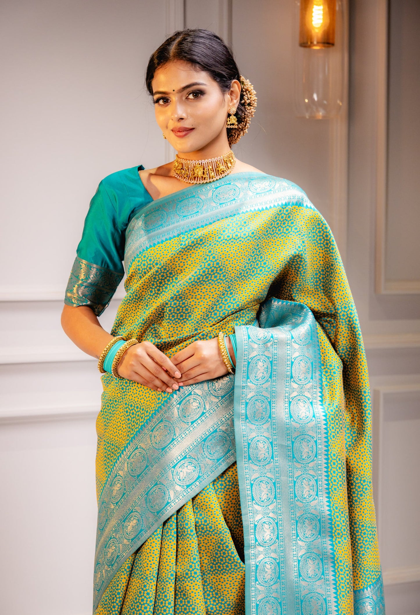 Yellow Firozi Pure Soft Silk Saree With Engrossing Blouse Piece