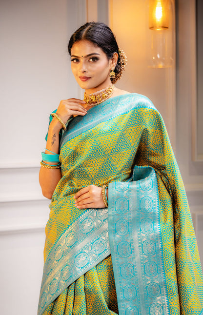 Yellow Firozi Pure Soft Silk Saree With Engrossing Blouse Piece