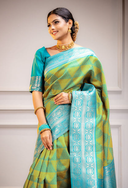 Yellow Firozi Pure Soft Silk Saree With Engrossing Blouse Piece