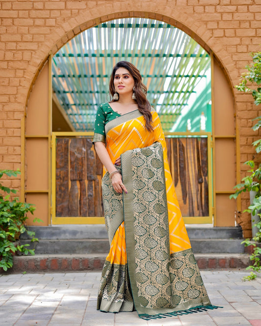 Yellow & Green Banarasi Pure Soft Semi Silk Saree With Unstiched Attractive Blouse Piece