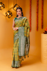 Yellow Green Pure Soft Silk Saree With Engrossing Blouse Piece