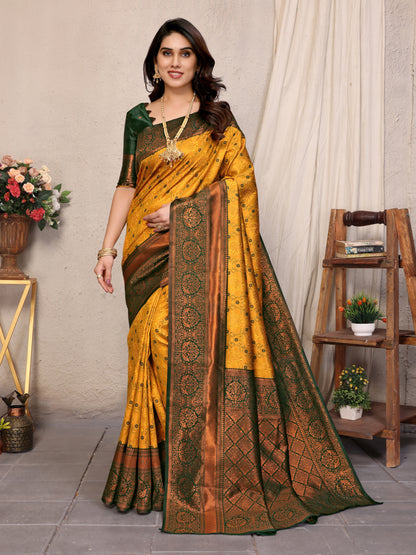 Yellow Green Pure Soft Banarasi Silk Saree With Engrossing Blouse Piece