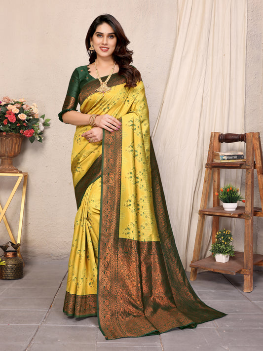 Yellow-Green Pure Soft Banarasi Silk Saree With Engrossing Blouse Piece