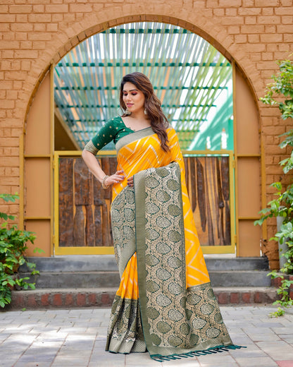 Yellow & Green Banarasi Pure Soft Semi Silk Saree With Unstiched Attractive Blouse Piece