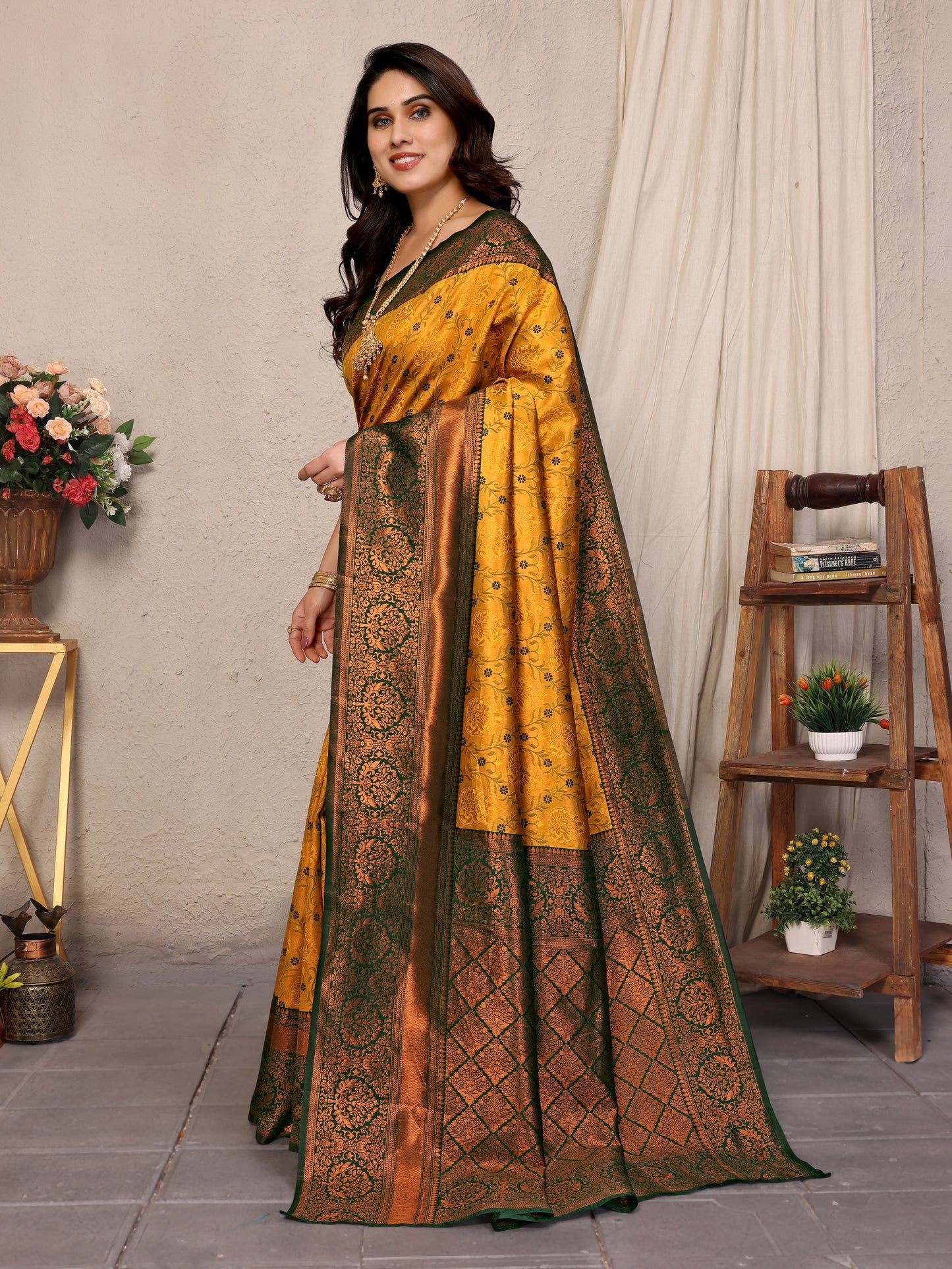 Yellow Green Pure Soft Banarasi Silk Saree With Engrossing Blouse Piece