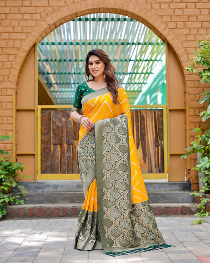 Yellow & Green Banarasi Pure Soft Semi Silk Saree With Unstiched Attractive Blouse Piece