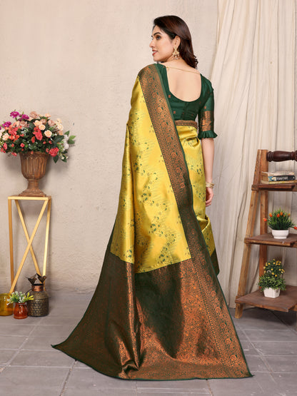 Yellow-Green Pure Soft Banarasi Silk Saree With Engrossing Blouse Piece