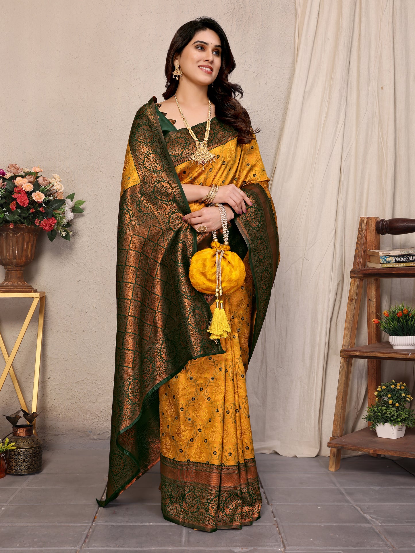 Yellow Green Pure Soft Banarasi Silk Saree With Engrossing Blouse Piece