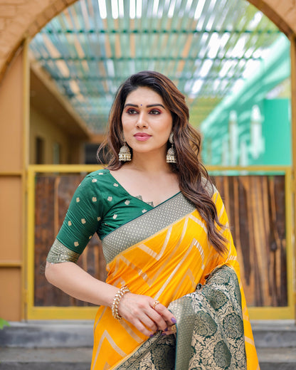 Yellow & Green Banarasi Pure Soft Semi Silk Saree With Unstiched Attractive Blouse Piece