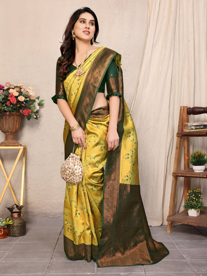 Yellow-Green Pure Soft Banarasi Silk Saree With Engrossing Blouse Piece