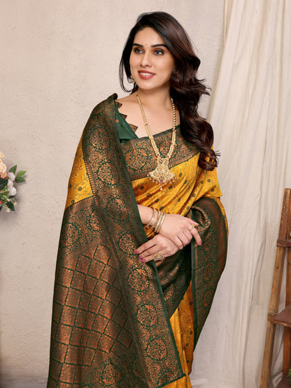 Yellow Green Pure Soft Banarasi Silk Saree With Engrossing Blouse Piece