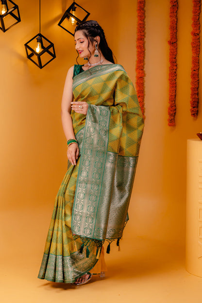 Yellow Green Pure Soft Silk Saree With Engrossing Blouse Piece