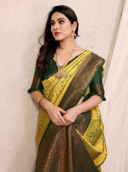 Yellow-Green Pure Soft Banarasi Silk Saree With Engrossing Blouse Piece