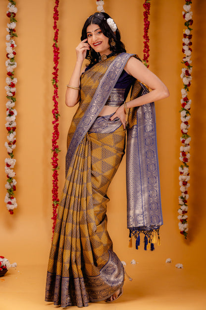 Yellow Navy Blue Pure Soft Silk Saree With Engrossing Blouse Piece