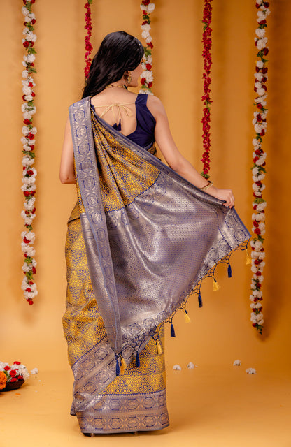 Yellow Navy Blue Pure Soft Silk Saree With Engrossing Blouse Piece