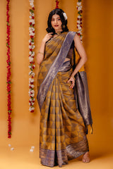 Yellow Navy Blue Pure Soft Silk Saree With Engrossing Blouse Piece