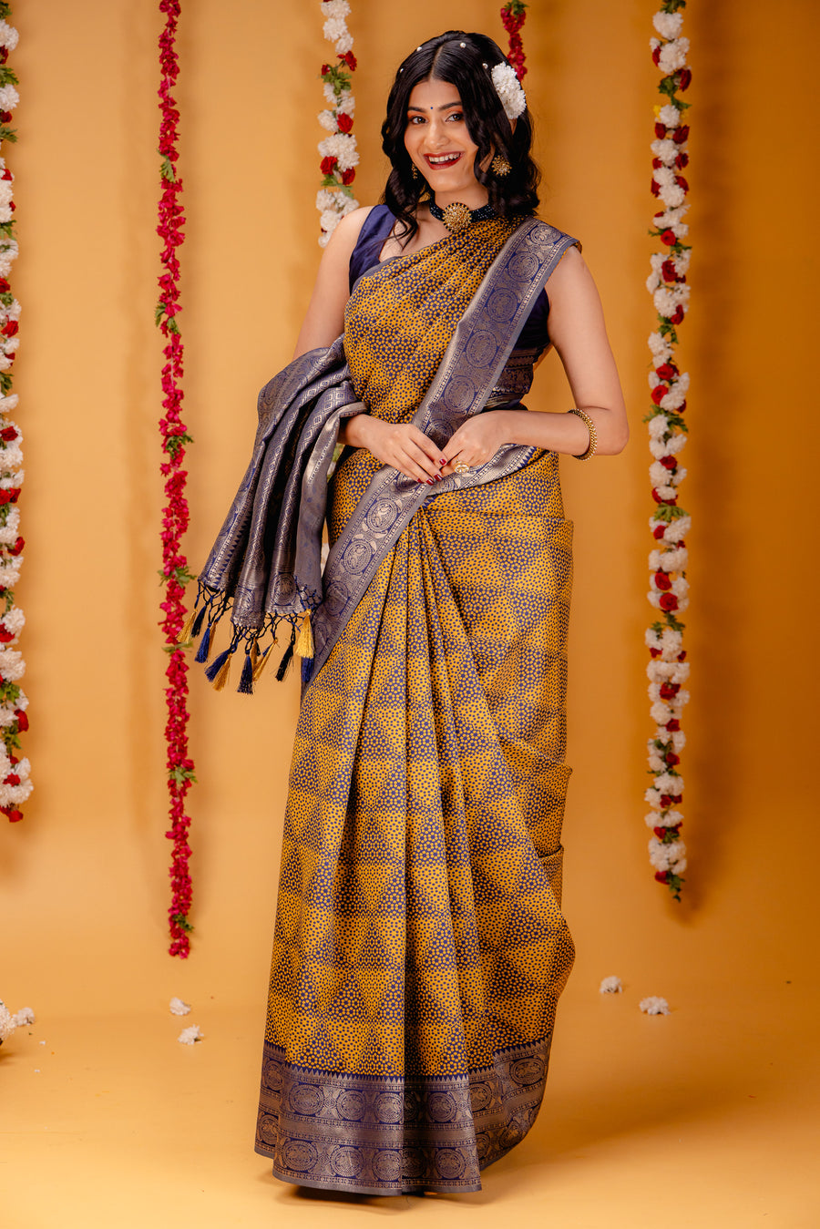 Yellow Navy Blue Pure Soft Silk Saree With Engrossing Blouse Piece