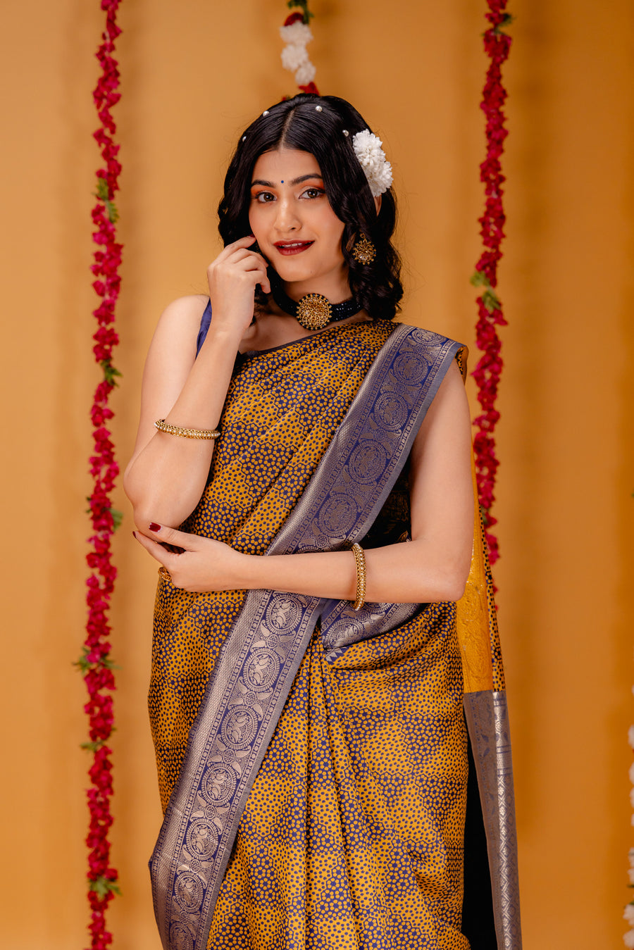 Yellow Navy Blue Pure Soft Silk Saree With Engrossing Blouse Piece