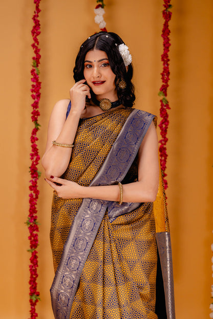 Yellow Navy Blue Pure Soft Silk Saree With Engrossing Blouse Piece