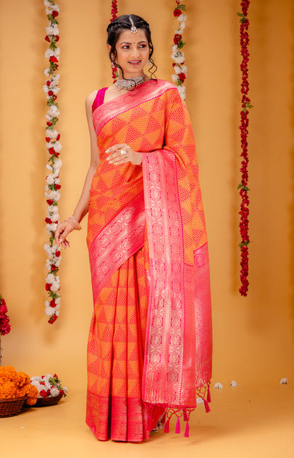 Yellow Pink Pure Soft Silk Saree With Engrossing Blouse Piece