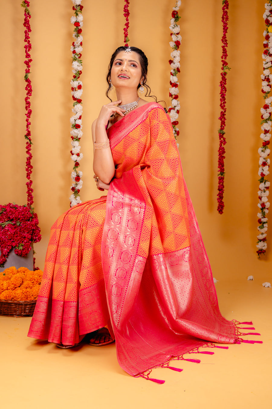 Yellow Pink Pure Soft Silk Saree With Engrossing Blouse Piece