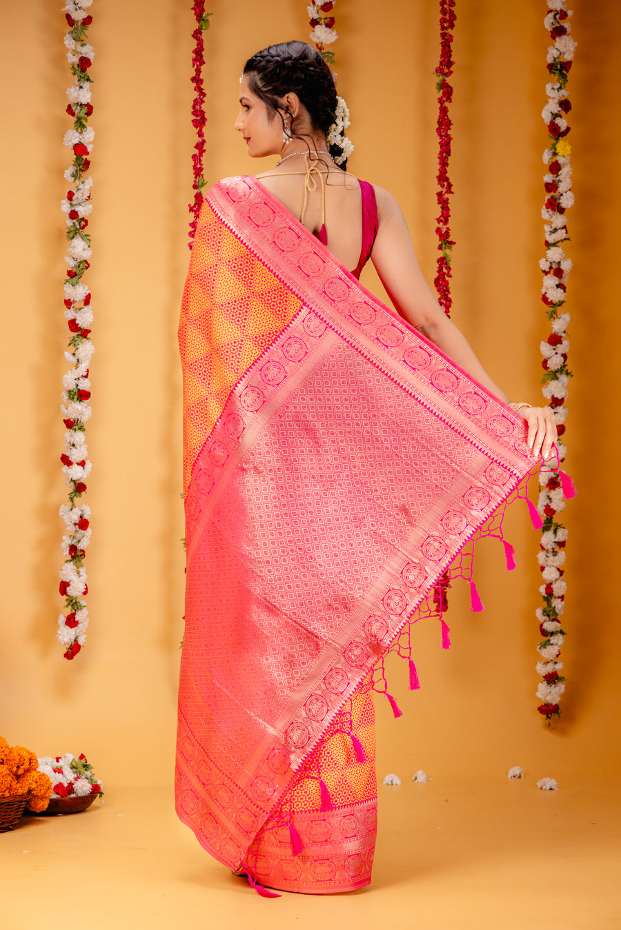 Yellow Pink Pure Soft Silk Saree With Engrossing Blouse Piece