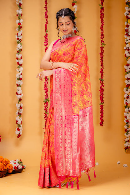 Yellow Pink Pure Soft Silk Saree With Engrossing Blouse Piece