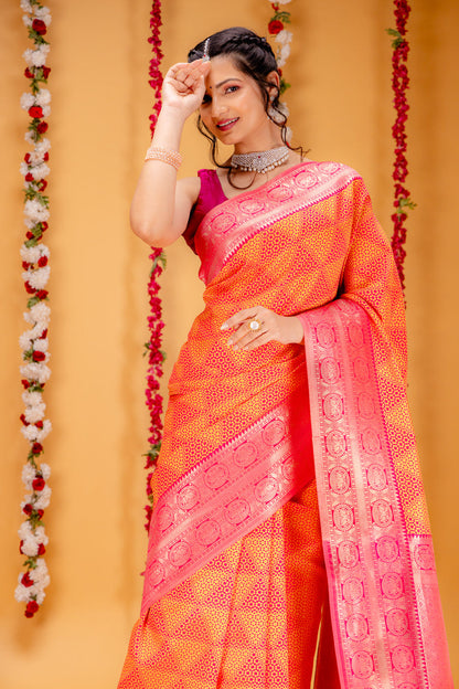 Yellow Pink Pure Soft Silk Saree With Engrossing Blouse Piece