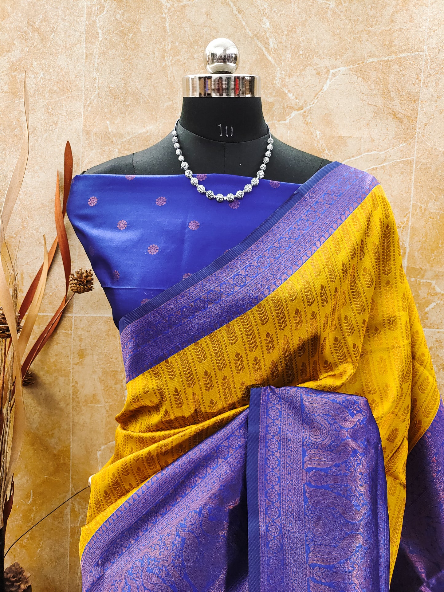 Yellow-Royal Blue Pure Soft Silk Saree With Engrossing Blouse Piece