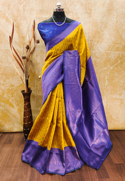 Yellow-Royal Blue Pure Soft Silk Saree With Engrossing Blouse Piece