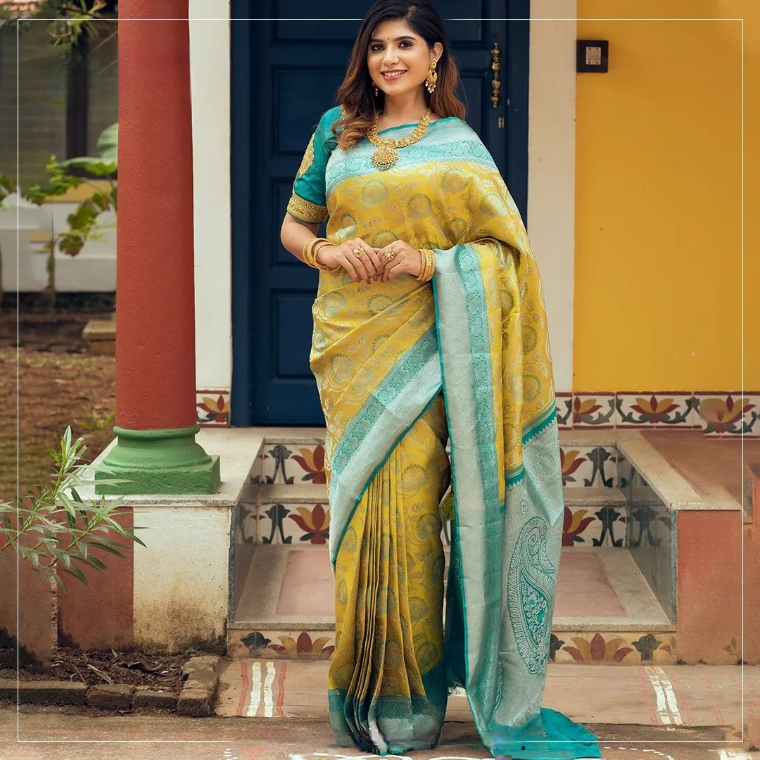 Yellow & Sky Banarasi Pure Soft Semi Silk Saree With Unstiched Attractive Blouse Piece