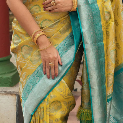 Yellow & Sky Banarasi Pure Soft Semi Silk Saree With Unstiched Attractive Blouse Piece