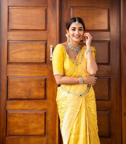 Yellow Banarasi Pure Soft Semi Silk Saree With Unstiched Attractive Blouse Piece