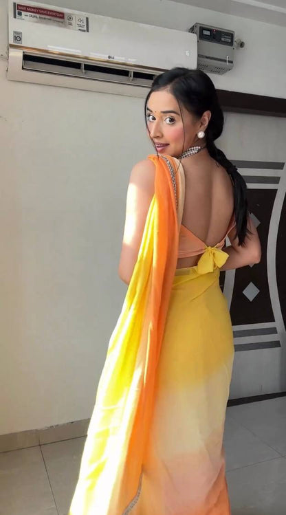 Yellow Ready to Wear Georgette Saree With Unstitched Blouse Piece