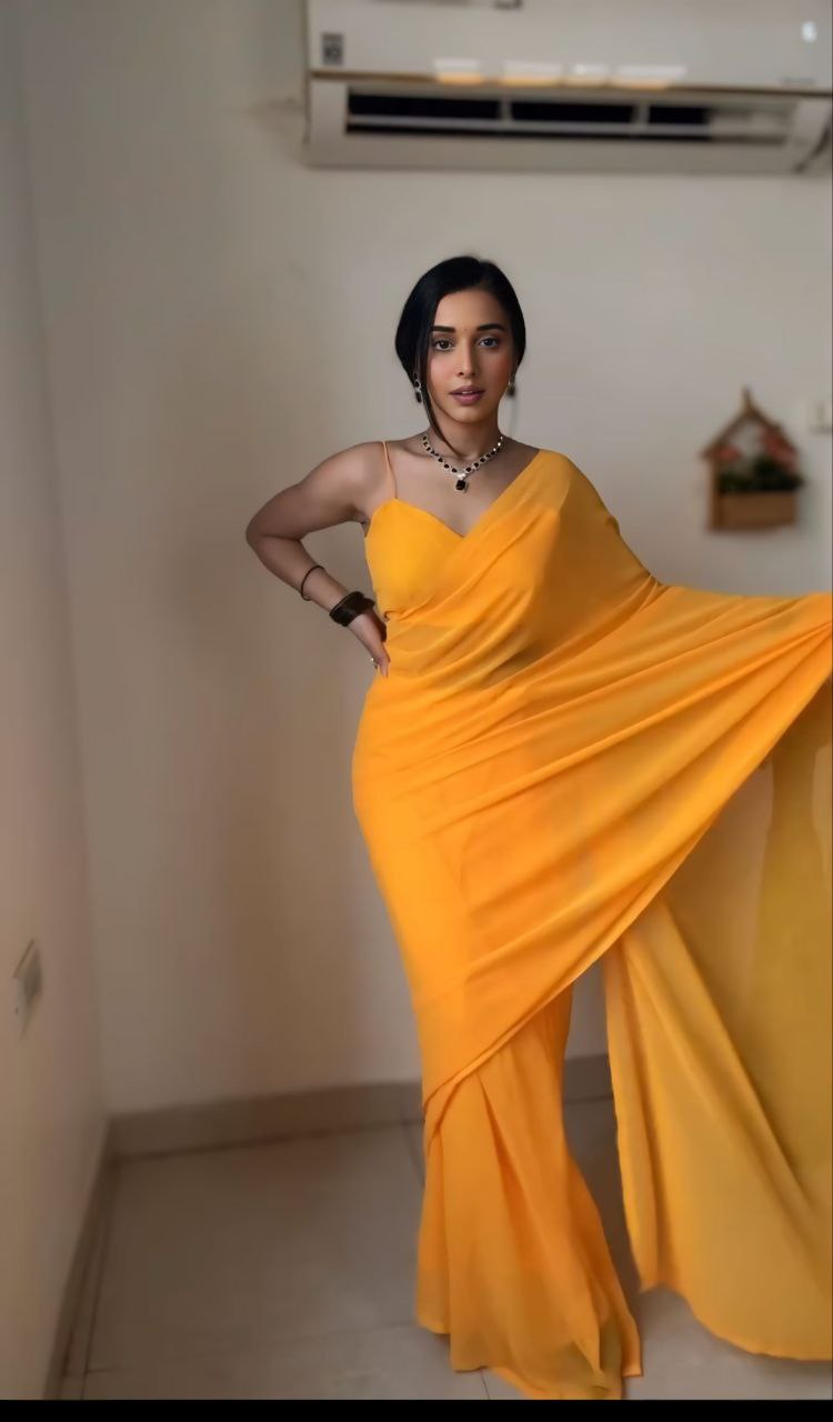 Yellow Ready to Wear Georgette Saree With Unstitched Blouse Piece