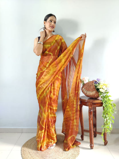 Yellow Ready to Wear Chiffon Saree With Unstitched Blouse Piece