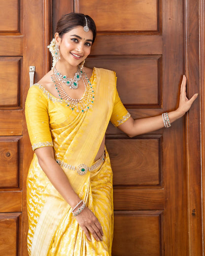 Yellow Banarasi Pure Soft Semi Silk Saree With Unstiched Attractive Blouse Piece