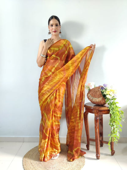 Yellow Ready to Wear Chiffon Saree With Unstitched Blouse Piece