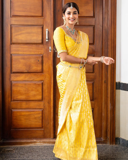 Yellow Banarasi Pure Soft Semi Silk Saree With Unstiched Attractive Blouse Piece