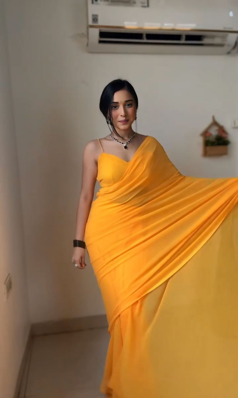 Yellow Ready to Wear Georgette Saree With Unstitched Blouse Piece