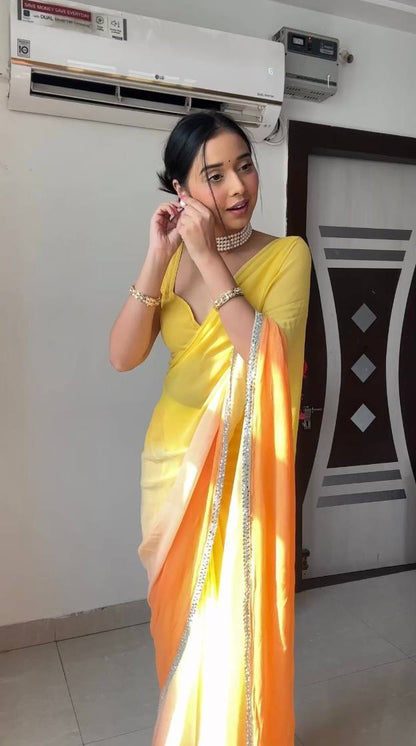 Yellow Ready to Wear Georgette Saree With Unstitched Blouse Piece