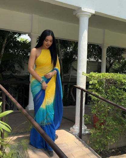 Blue Yellow Ready to Wear Georgette Saree With Unstitched Blouse Piece