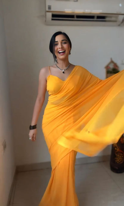 Yellow Ready to Wear Georgette Saree With Unstitched Blouse Piece