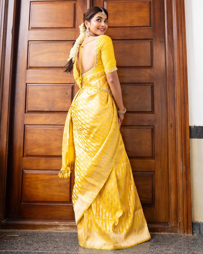 Yellow Banarasi Pure Soft Semi Silk Saree With Unstiched Attractive Blouse Piece